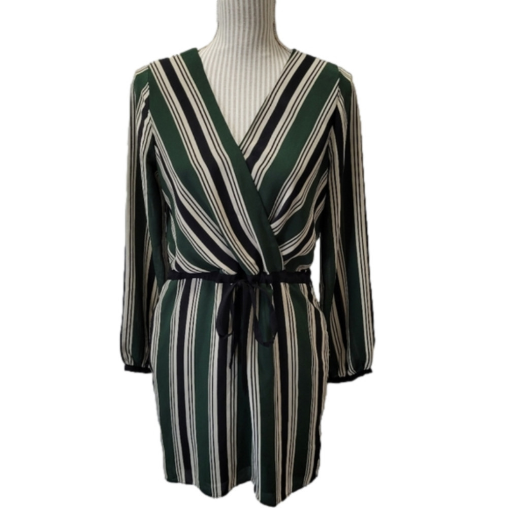 EVERLY small faux wrap dress green stripes
